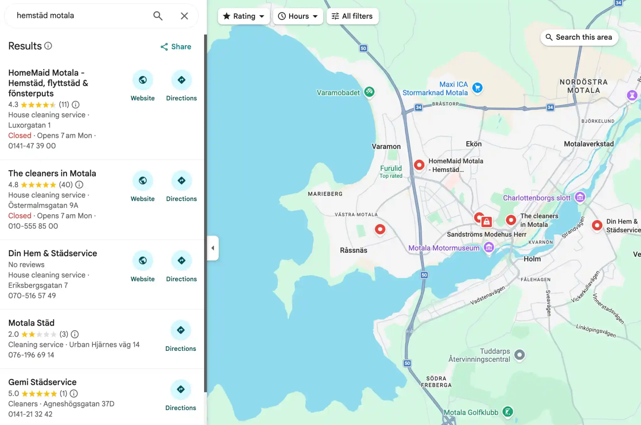 Google Maps-resultat för lokala städföretag i Motala där HomeMaid visas